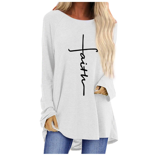 wisheBay Autumn Cross Print Loose Round Neck Long Sleeve T-Shirt for Women - Fast Shipping