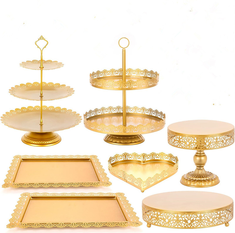 Estante de pastel de metal europeo tienda de té de leche dulces dulces dulces bandeja de pies altos props de boda bandeja de pastel decoración
