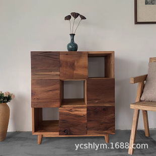 Nine-Compartment Solid Wood Entryway Chest of Drawers Bedroom Storage Cabinet Old Elm Organizing Combination Square Cabinet Wabi-Sabi Style