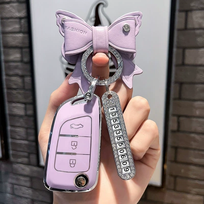 Car key bag – Fengshen ax7 key case - fengshen-type-b-folding-3-keys-single-shell-purple-purple-bow-diamond-buckle-silver-number-plate