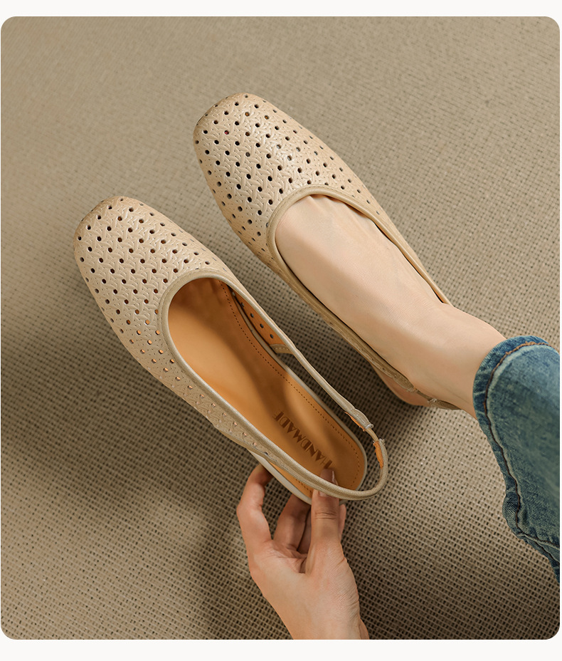 Sandal nữ đế bệt mũi bọc da bò, quai sau hở, phong cách vintage đan lỗ — đen chi tiết 9