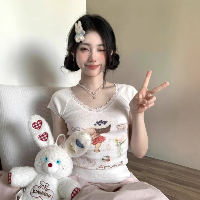 Lace Slim-fit Short-sleeved T-shirt Women's Summer New Pure Desire Sweet Short Round Neck Cartoon Printed Bm Top