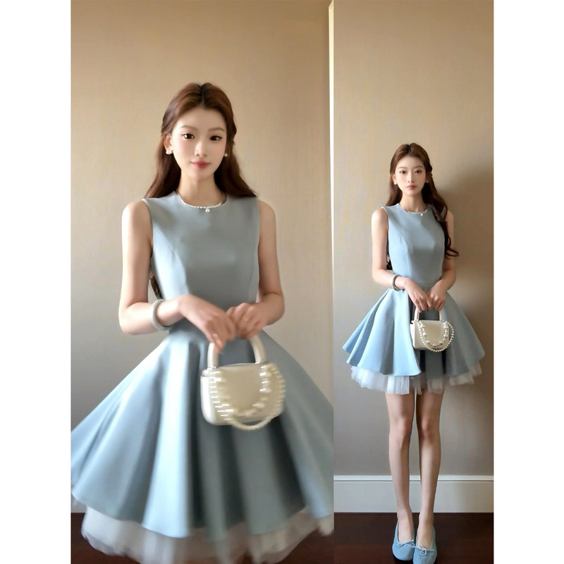 Blue Elegant Short Puffy Skirt for Women, Summer Waist-Cinching Mesh High-Intelligence Style Outfit, Camisole Dress Blue Elegant Short Puffy Skirt for Women, Summer Waist-Cinching Mesh High-Intelligence Style Outfit, Camisole Dress