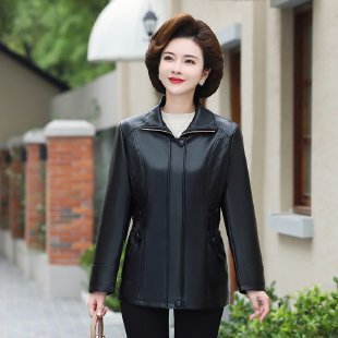 中年の女性の秋の服の短い革のコート2023の新型の40歳のお母さんの春秋のファッションのpu皮のジャケットの上着|undefined