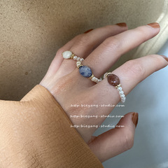 Korean-style minimalist retro pearl ring for index finger, handmade synthetic stone, sweet and cute girl's ring