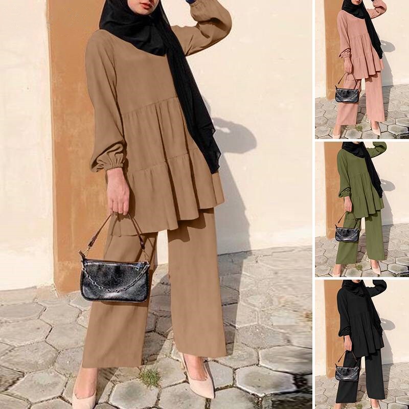 Women's Fashion Hijab Suit Wide-Leg Shirt and Pants Set Elegant Solid Color Suit for Spring and Autumn