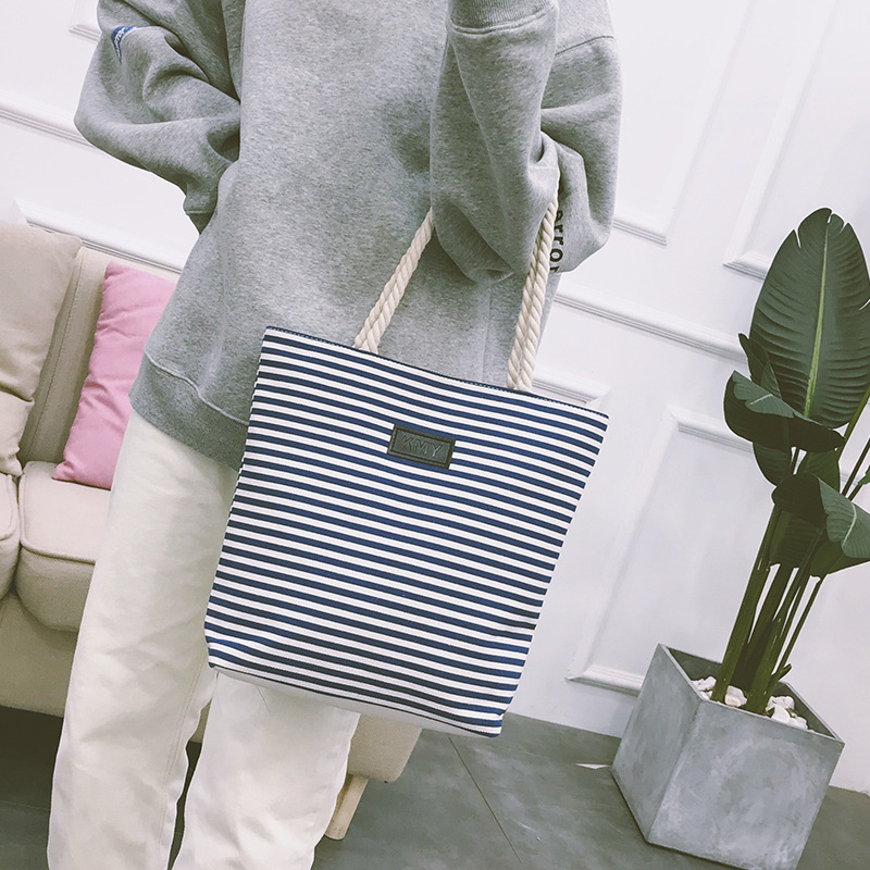 单肩条纹帆布包文艺复古麻绳手提袋学生补习袋大容量购物袋收纳袋