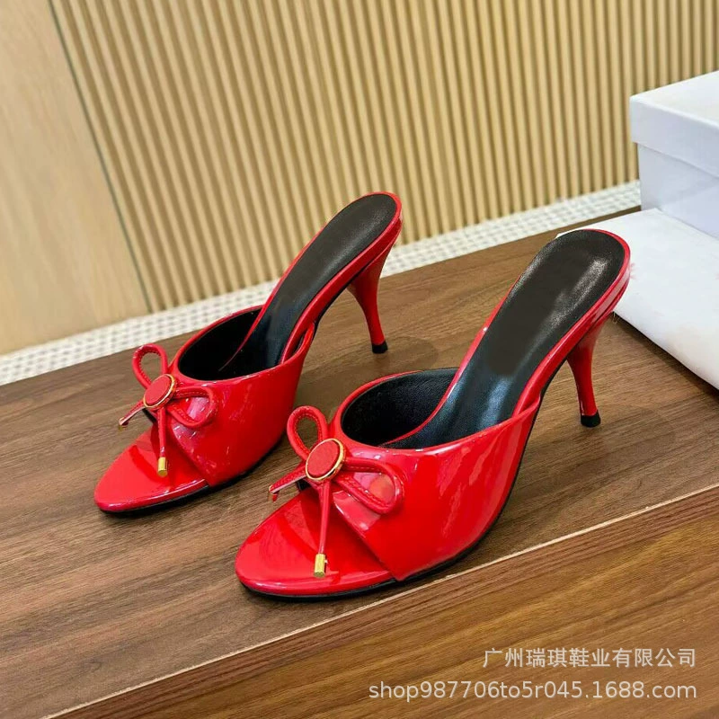 Summer high sandals with bow, genuine leather