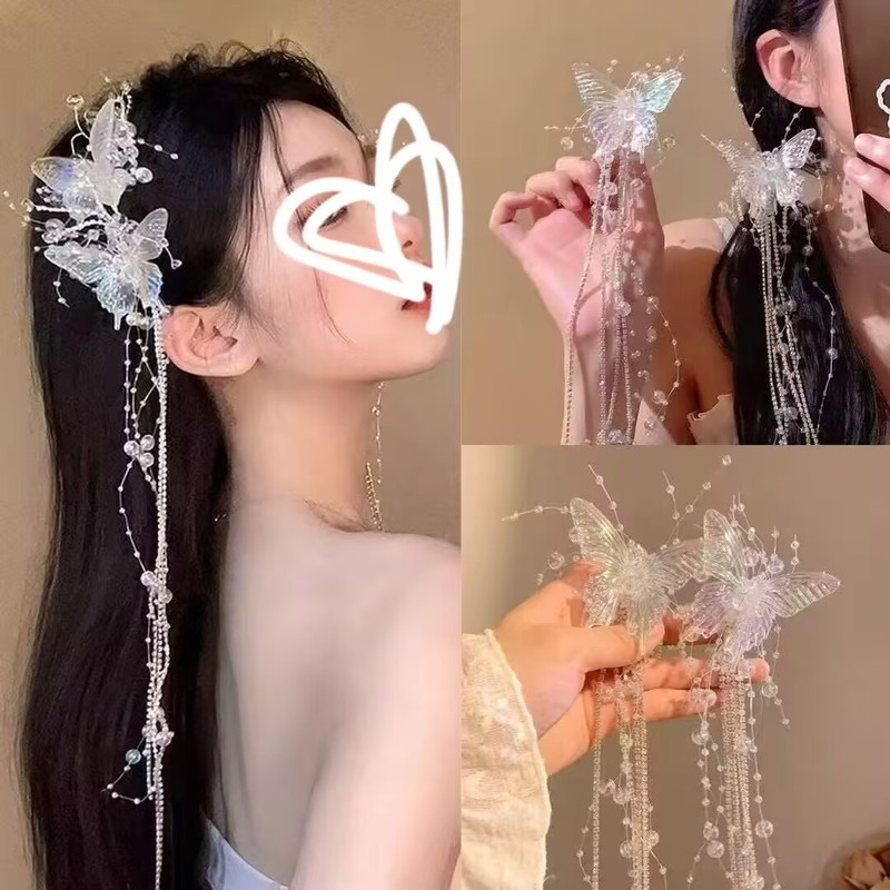 スーパーフェアリー透明白スマートバタフライタッセルクリップ女性のヘアピンダブルポニーテール写真ヘアアクセサリー花嫁|undefined