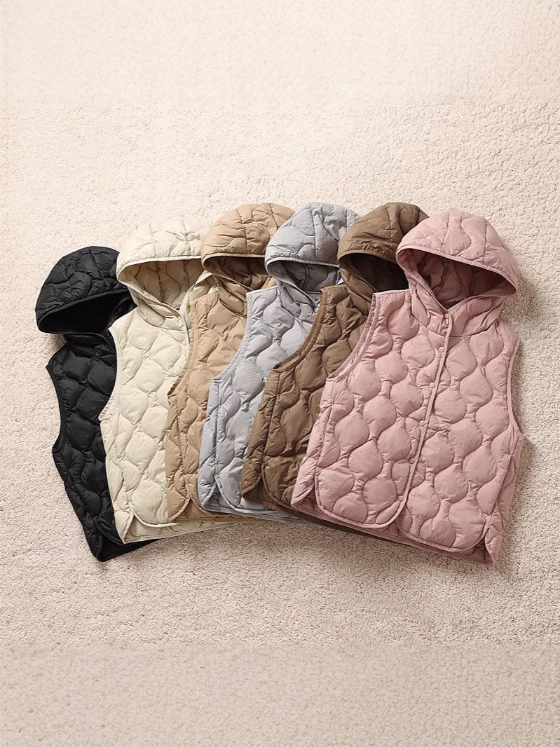 2024 moda corta ligera chaleco de pluma encapuchado invierno invierno hombro delgado calentamiento universal chaleco de hebilla de fila única
