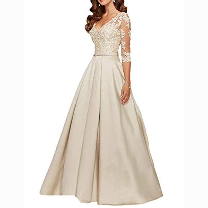 European Station Banquet Evening Dress Overseas Warehouse Cross-border Beaded V-neck Long Sleeve Lace Dogsome Atmospheric Annual Meeting Dress for Women