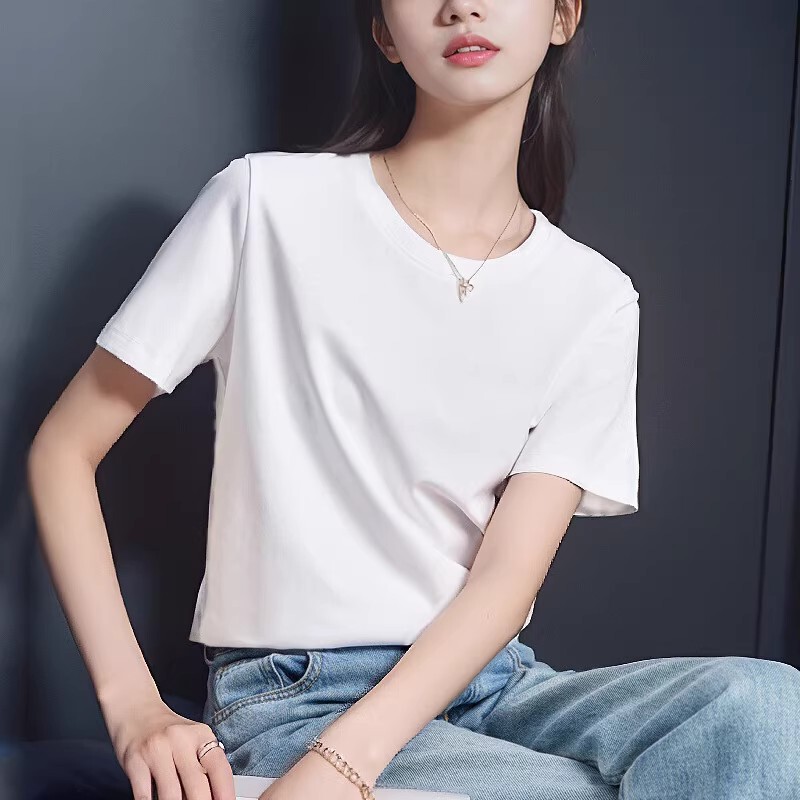 High-End 80-Count Double-Sided Liquid Ammonia Mercerized Cotton T-Shirt for Women, Short-Sleeved, Round-Neck, Premium Feel, Pure Cotton Long-Staple Cotton Women's T-Shirt