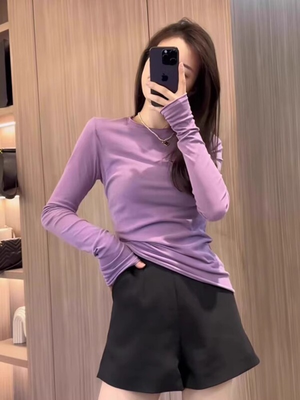 感超好看灰色修身内搭打底衫上衣女秋冬薄款外搭长袖正肩t恤|undefined