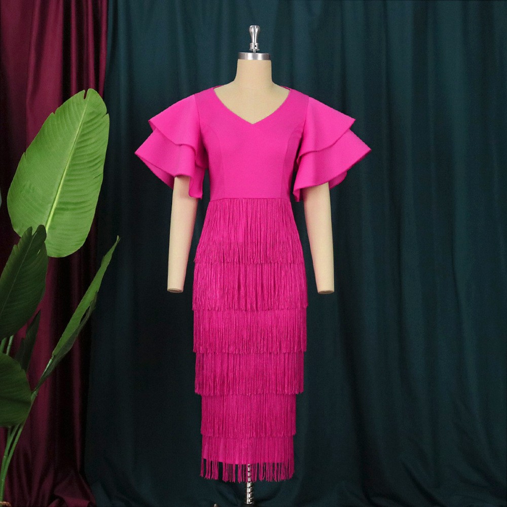 Women's Clothing Rose Red Tassel Skirt Ruffle Sleeve Sexy V Neck Large Size 4XL Dress Party Dress_voghion.com