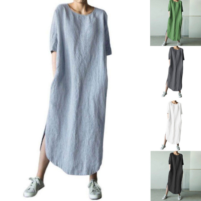 Large Stock Available 2026 Aliexpress Cotton and Linen Round Neck Short Sleeve Solid Color Side Slit Mid-Calf Pocket Dress