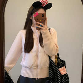 韩系甜美粉色棉衣针织袖拼接羽绒棉服短款小个子百搭面包服外套女