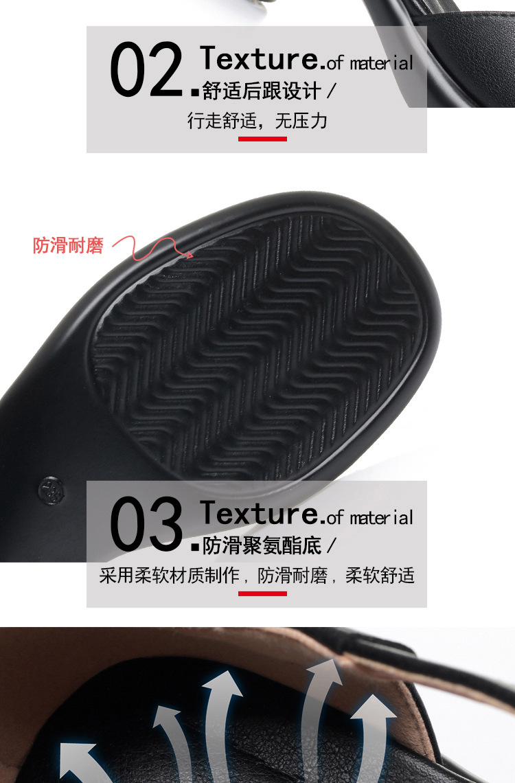 Sandal cao gót nữ quai ngang da bò thật, gót vuông ổn định, đế dày phong cách La Mã — Đen【Da bò lớp đầu】 chi tiết 6