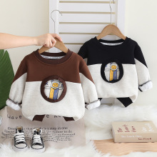 儿童秋冬装加绒圈圈拼色卫衣2024新款小男童加厚上衣洋气一体绒