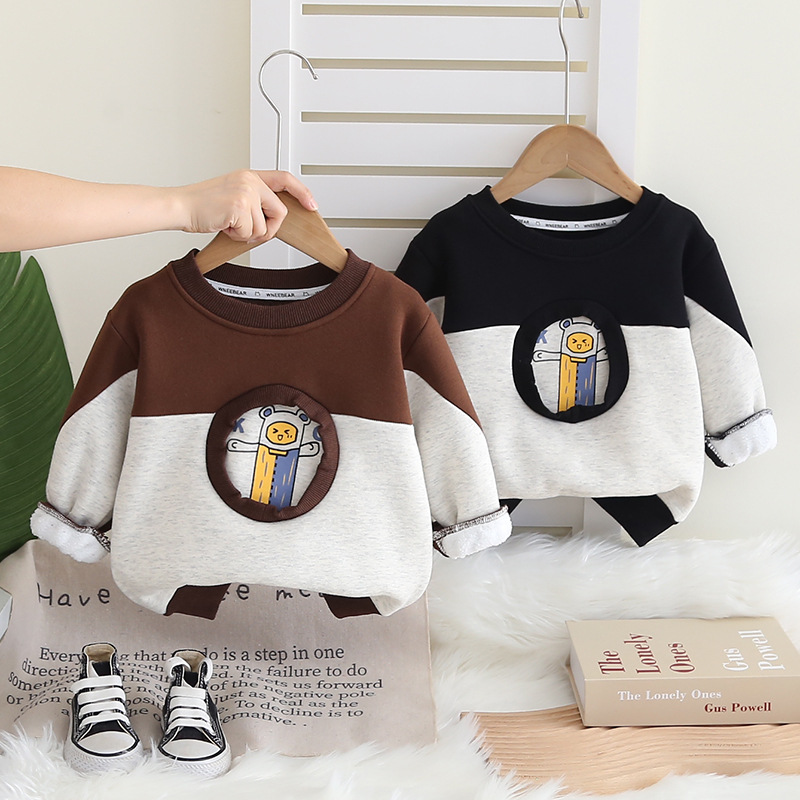 儿童秋冬装加绒圈圈拼色卫衣2024新款小男童加厚上衣洋气一体绒