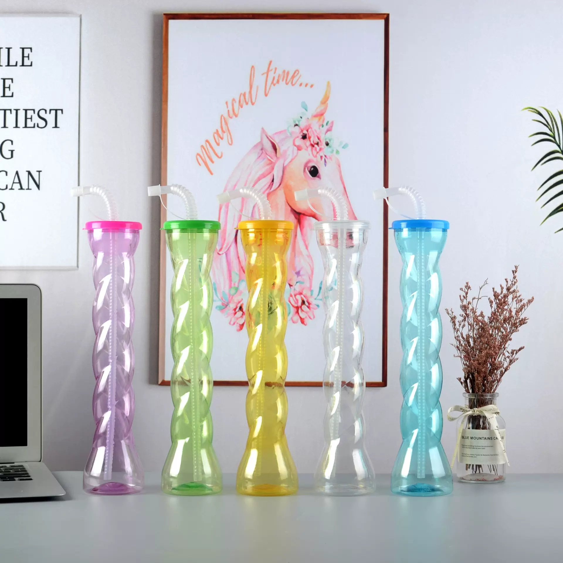 加工pet塑料麻花造型杯果汁奶茶饮料瓶加LOGO带盖异形吸管长颈杯