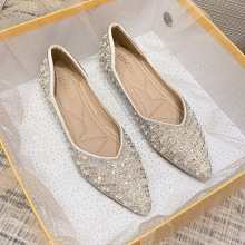 Single shoe women's summer flat bottomed 2024 new full diamond shallow mouth pointed temperament large women's shoes 41-43