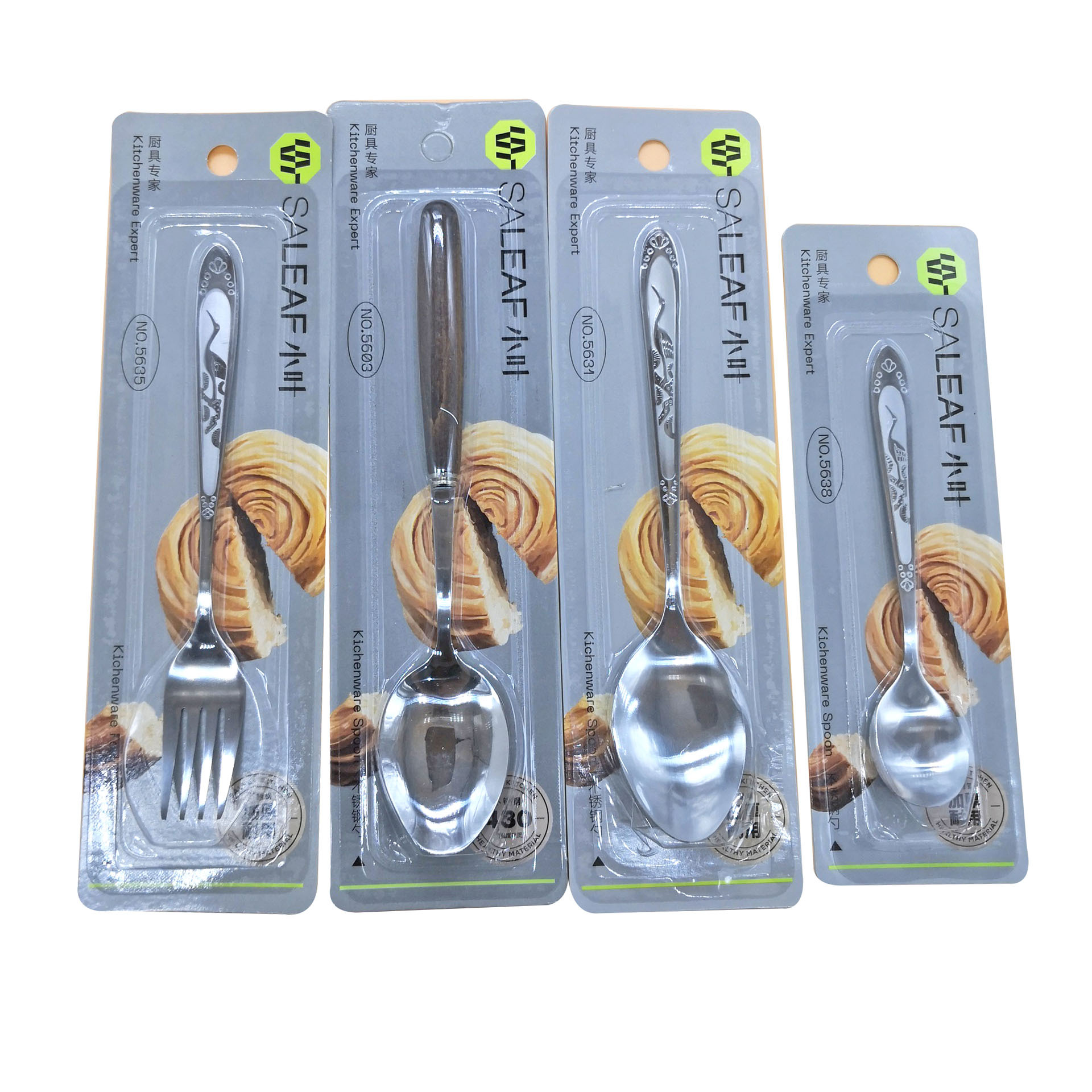 Colher de aço inoxidável de folha pequena, colher de jantar infantil, garfo de sobremesa longo