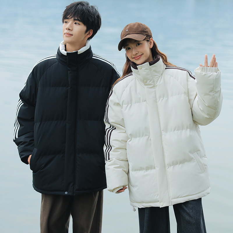 Ropa de invierno de tres barras de color contraste chaqueta de pluma para hombres invierno nuevo engrosado abrigo caliente de cuello vertical abrigo caliente a prueba de viento para hombres y mujeres