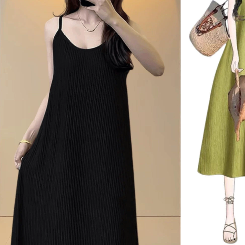 Плиссированное платье на подтяжках для маскировки тела, черная юбка на подтяжках, модная верхняя одежда большого размера в корейском стиле, летнее платье средней длины для стройного силуэта.