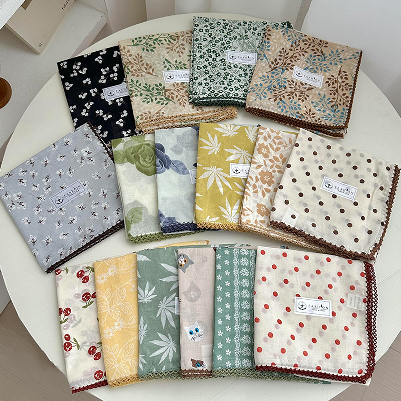 Square Scarf Women's 2025 Summer and Autumn Vintage Decorative Small Scarf Korean New Arrival All-match Artistic Floral Cotton Scarf Square Scarf Women's 2025 Summer and Autumn Vintage Decorative Small Scarf Korean New Arrival All-match Artistic Floral Cotton Scarf