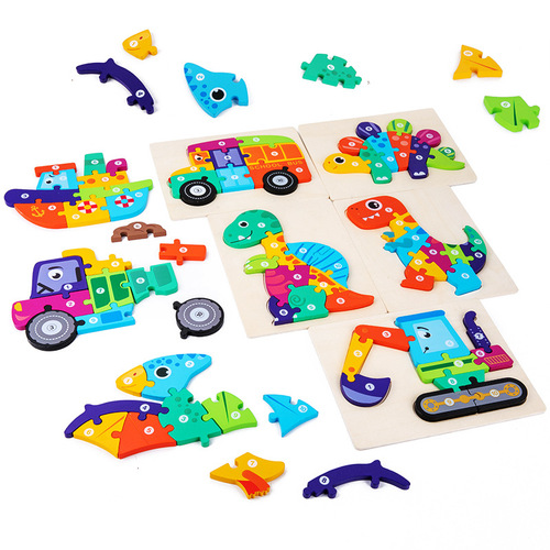 Wooden 3D three-dimensional snap dinosaur puzzle 0.2 cartoon three-dimensional digital traffic animal puzzle puzzle toy