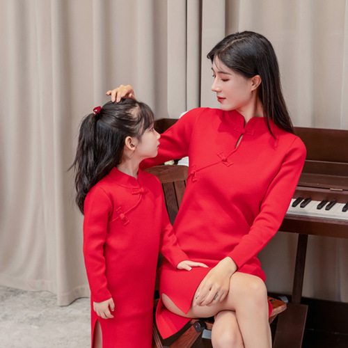 Chinese style Tang suit cashmere sweater children's sweater parent-child sweater red parent-child clothing mother and daughter clothing high-end winter