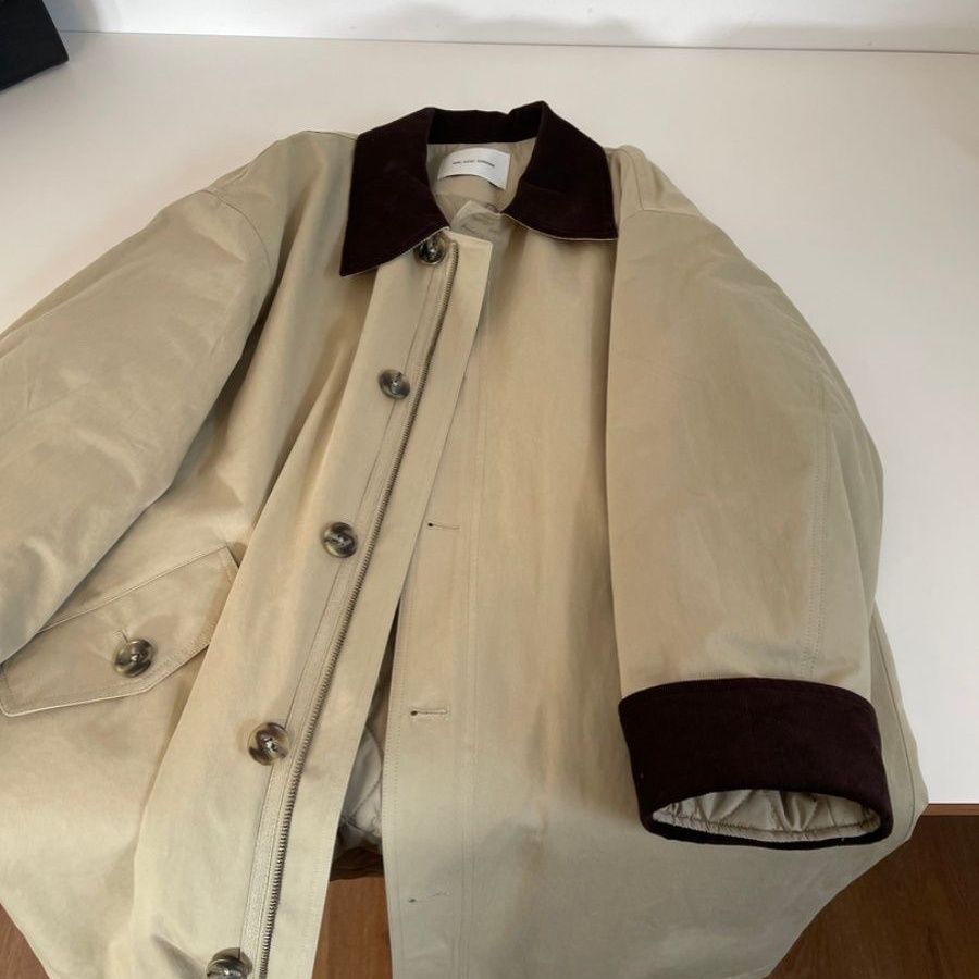 法式休闲简约翻领棉服秋冬宽松版撞色POLO领口袋中长款卡其色风衣