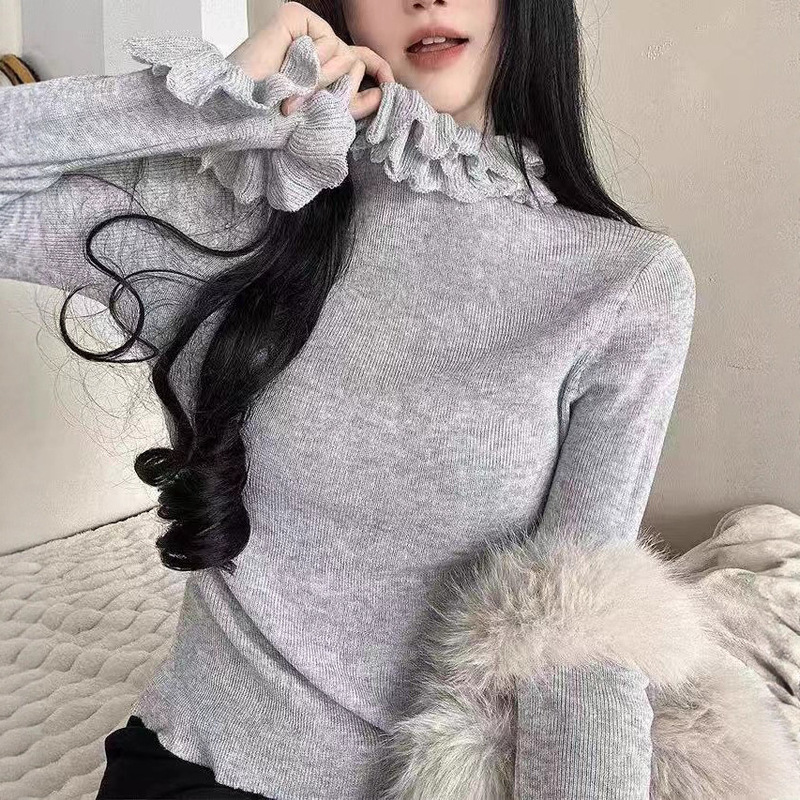 Sexy Hot Girl High Neck Ruffle Trim Knitted Sweater for Women 2025 Autumn/Winter Versatile Sweet and Chic Designer Top