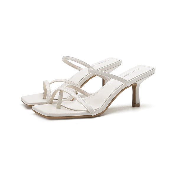 Sandal cao gót nữ mũi vuông quai xỏ ngón gót nhọn — Trắng be