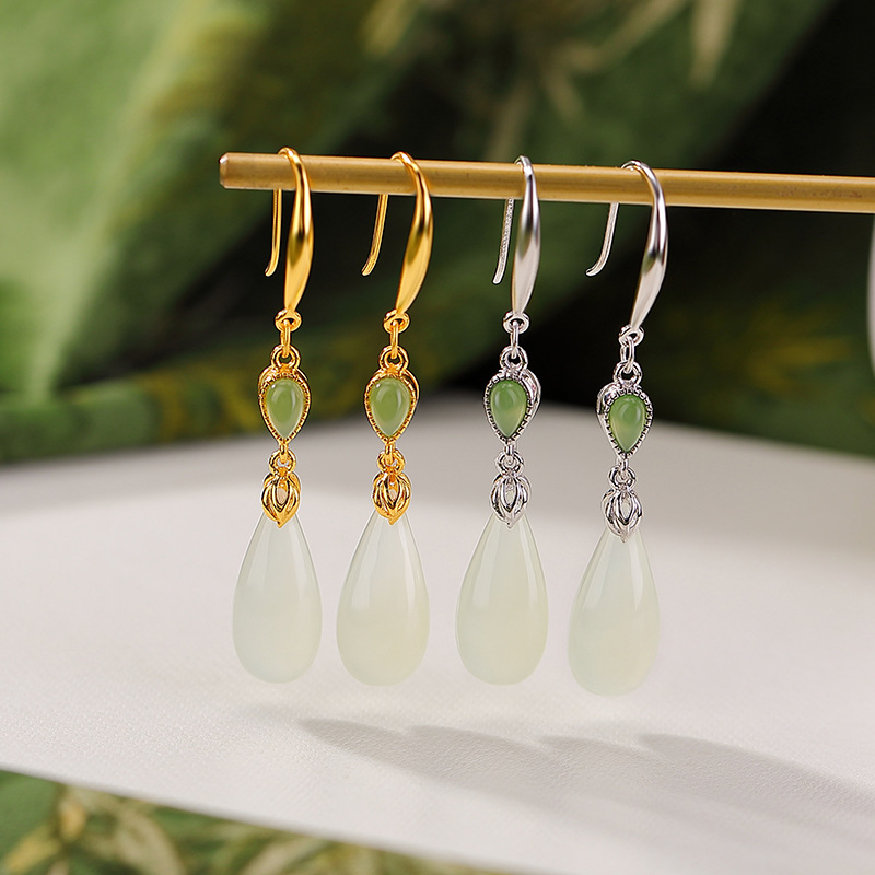 Bông tai bạc S925 mạ vàng đính ngọc Hetian hình giọt nước phong cách cổ điển — Mẫu bạc