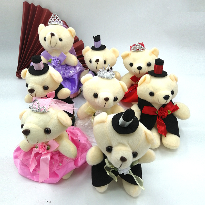 Venta al por mayor de juguete de peluche pareja oso vestido de boda cama muñeca regalo de boda coche muñeca decoración muñeca