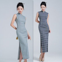 改良文艺格子长款无袖旗袍2025春新款时尚年轻少女款日常可穿旗袍