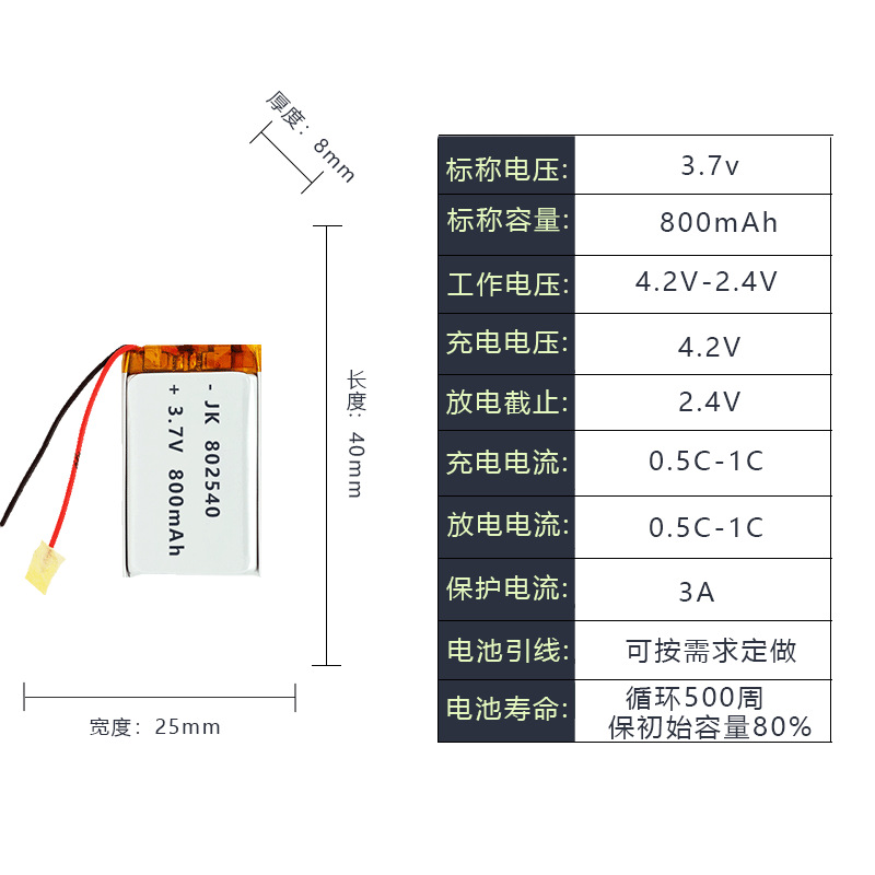 802540-800mAh 배터리 + 보호 보드 콘센트