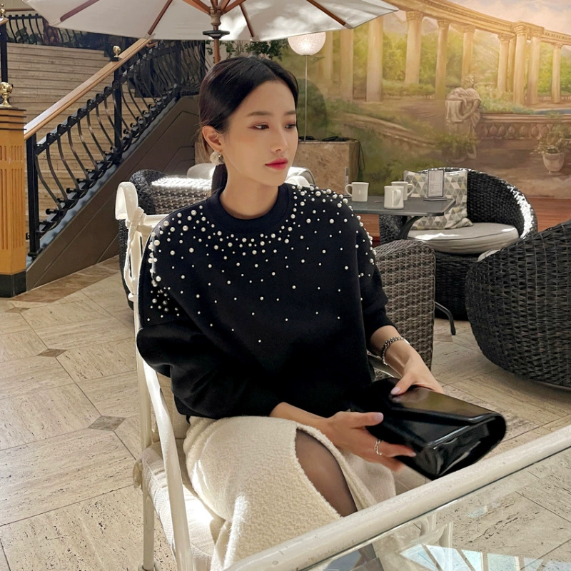 Корейский осенний свитшот в нишевом стиле, украшенный тяжелой вышивкой бисером, из тонкого бархата, свободного кроя, повседневный, универсальный.