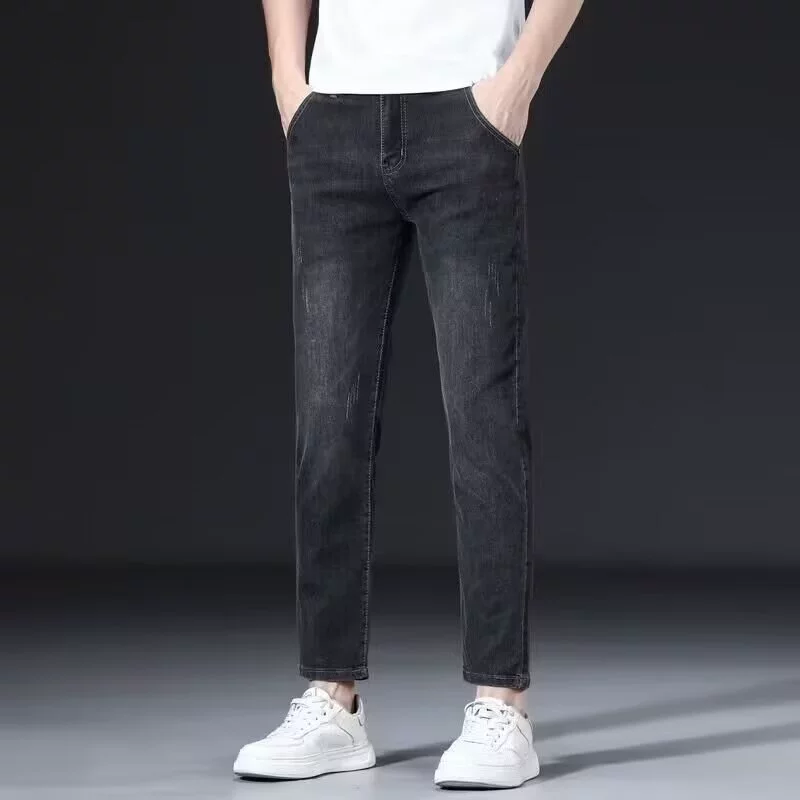 Весенние и осенние новые джинсы с девятью очками мужские простые вышивка эластичные стройные ноги высокого класса дикие прямые повседневные брюки