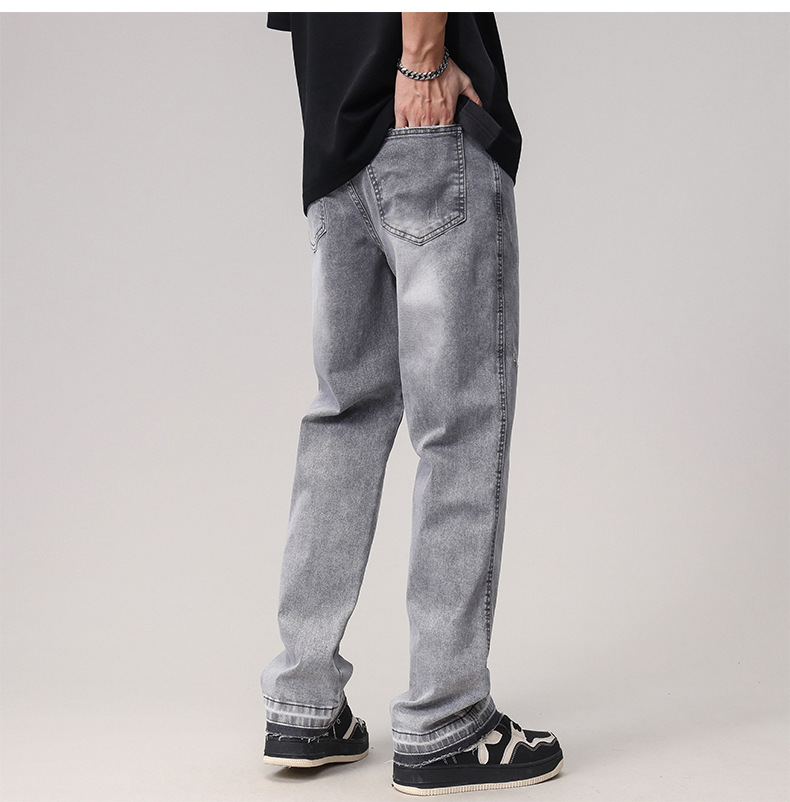 2023 Spring/Summer new solid-color jeans for men, washed light gray distressed pants with frayed edges, American straight-leg pants pic 17