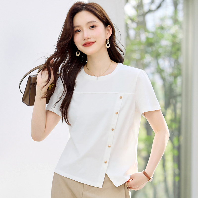 Authentic Women's Round-Neck Fashion Slim-Fit Cotton T-Shirt, New Summer Style, Plus-Size Short Style, Elegant and Wrinkle-Free Top