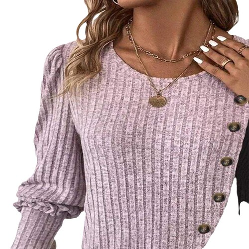 2024 new cross-border foreign trade European and American women Z round neck color-blocking pit strip cross hem long sleeve spring and autumn knitted T-shirt