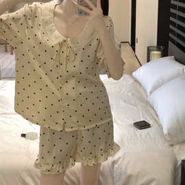 韩国ins女士夏季甜美娃娃领冰丝宫廷风夏季睡衣套装家居服可外穿