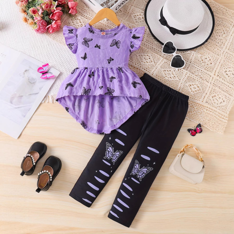 Four-Season Trendy Girls' Outfit Set with Butterfly Patchwork, Flutter Sleeves, Tailcoat, and Ripped Butterfly Print Long Pants Four-Season Trendy Girls' Outfit Set with Butterfly Patchwork, Flutter Sleeves, Tailcoat, and Ripped Butterfly Print Long Pants