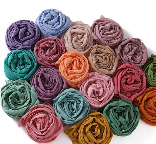 New Malaysian Ethnic Style Solid Color Rhinestone Long Scarf, Porcelain Pearl Chiffon High-Quality Scarf A4-a
