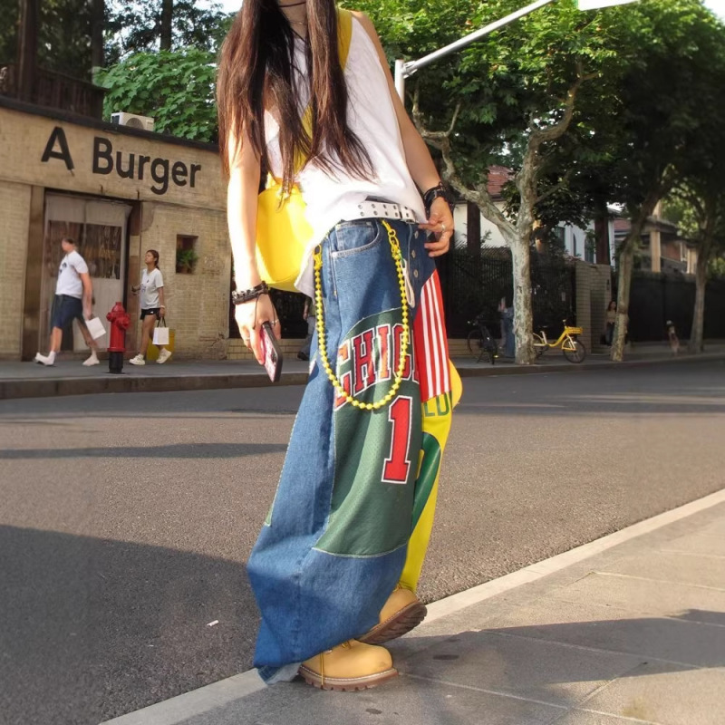 American Street Style Oversized Heavyweight Designer Printed Jeans for Women, Trendy Hip-Hop Wide-Leg Floor-Length Pants