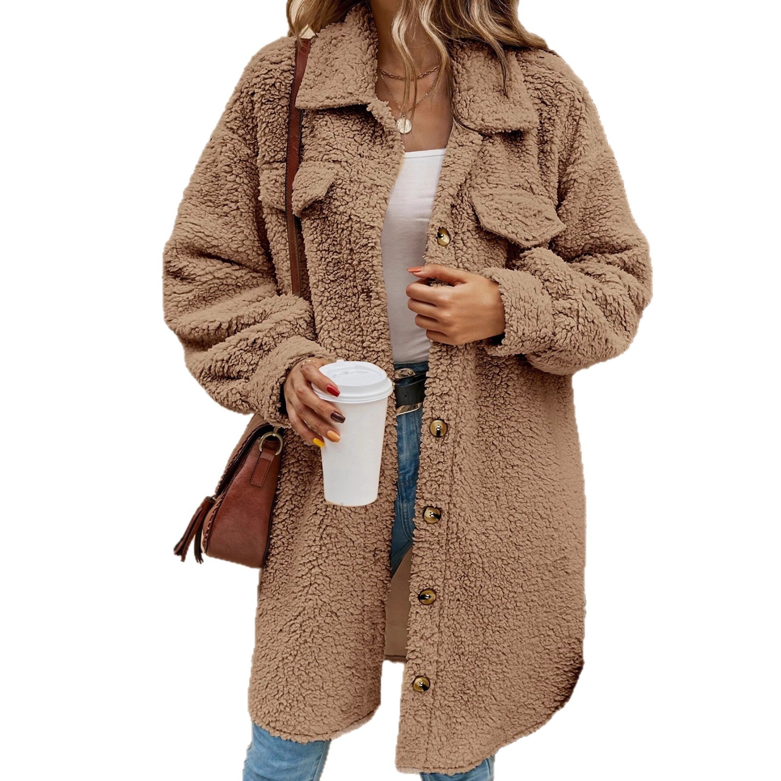 Winter Open-Button Lapel Plush Jacket Loose Temperament Long Coat For Women_ecoleips.com