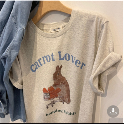 Gray Right Shoulder Printed High-End T-Shirt for Women 2025 Summer New Loose Niche Cute Rabbit Short-Sleeved Top