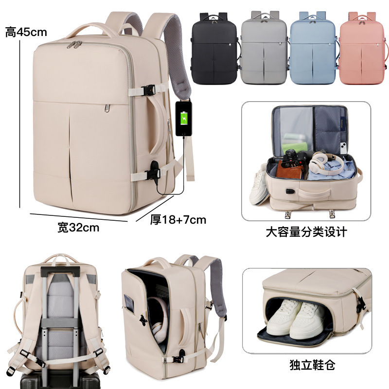 Cross-border large-capacity business backpack, unisex design, with USB port, multi-functional, and featuring a separate shoe compartment